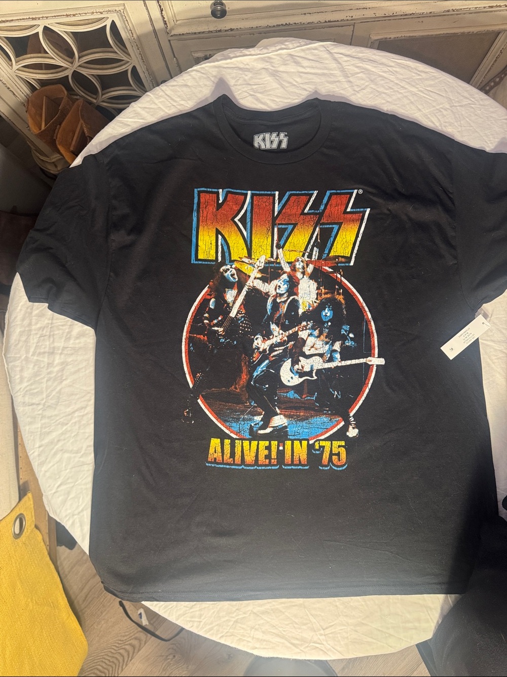 Kiss Black Tee with Yellow and Red Logo - Alive! In '75 Graphic